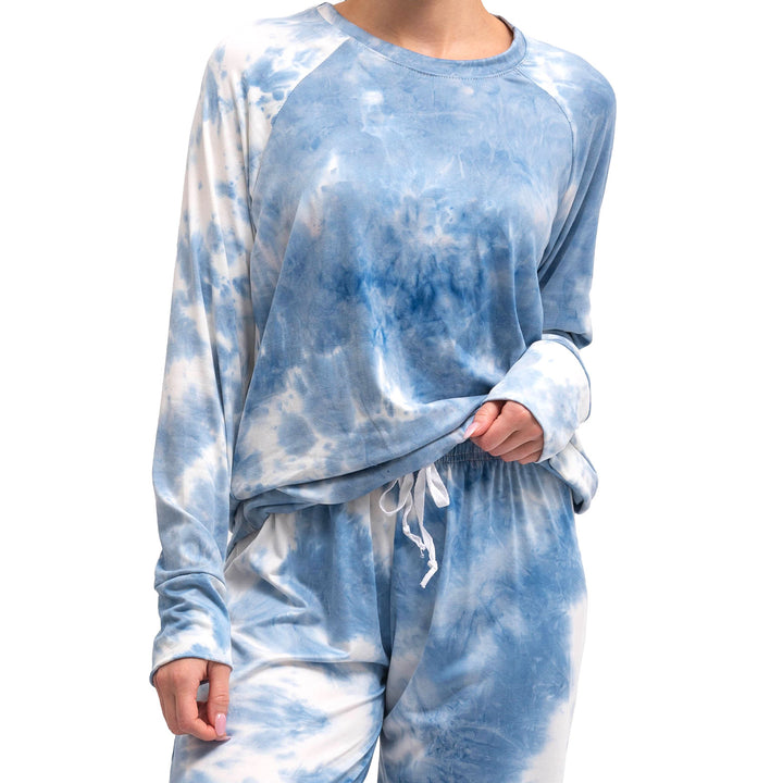 Blue and white tie-dye long sleeve top and matching pants loungewear set