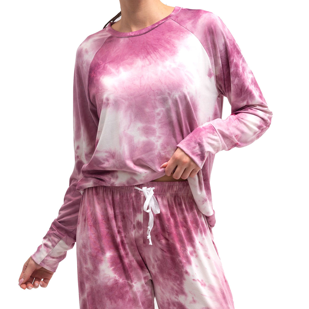 Pink tie-dye long sleeve top and matching drawstring pants loungewear set
