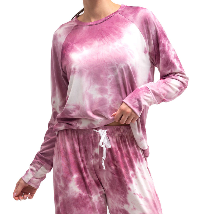 Pink tie-dye long sleeve top and matching drawstring pants loungewear set