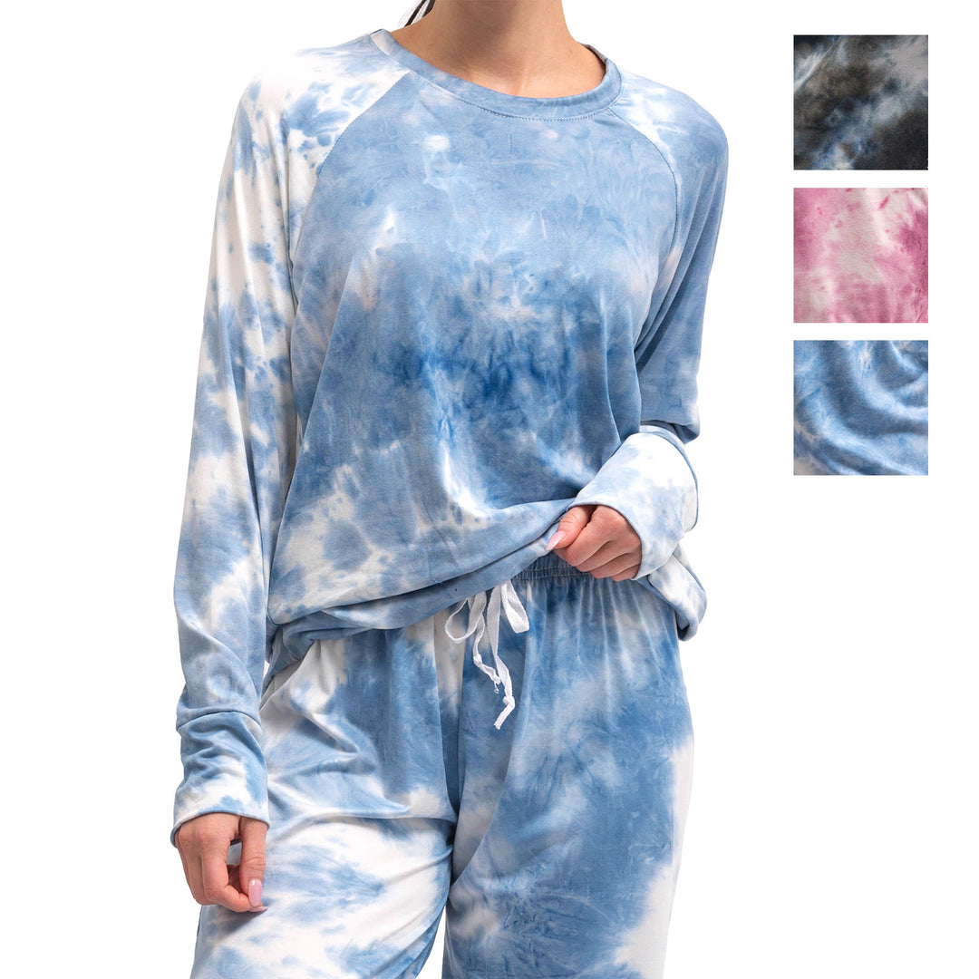 Blue and white tie-dye long sleeve top and matching shorts set