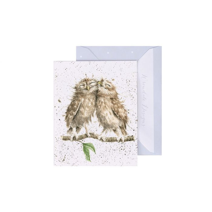 Wrendale Birds of a Feather mini card featuring two owls cuddling on branch