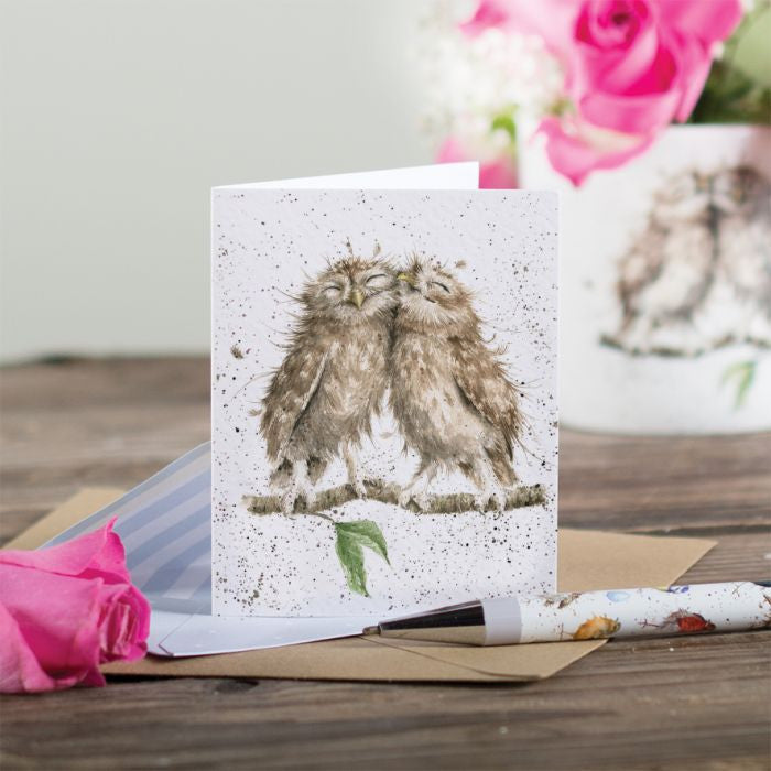 Wrendale Birds of a Feather mini card featuring two cuddling owls with green leaf