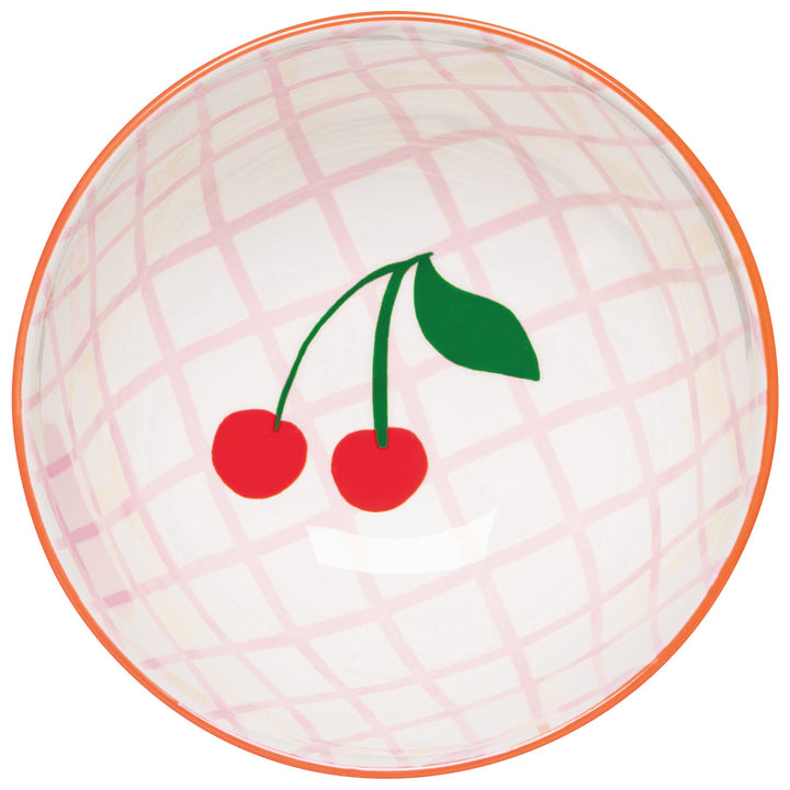 Danica Everyday Bowl in Very Cherry pattern featuring pink lattice design with red cherries