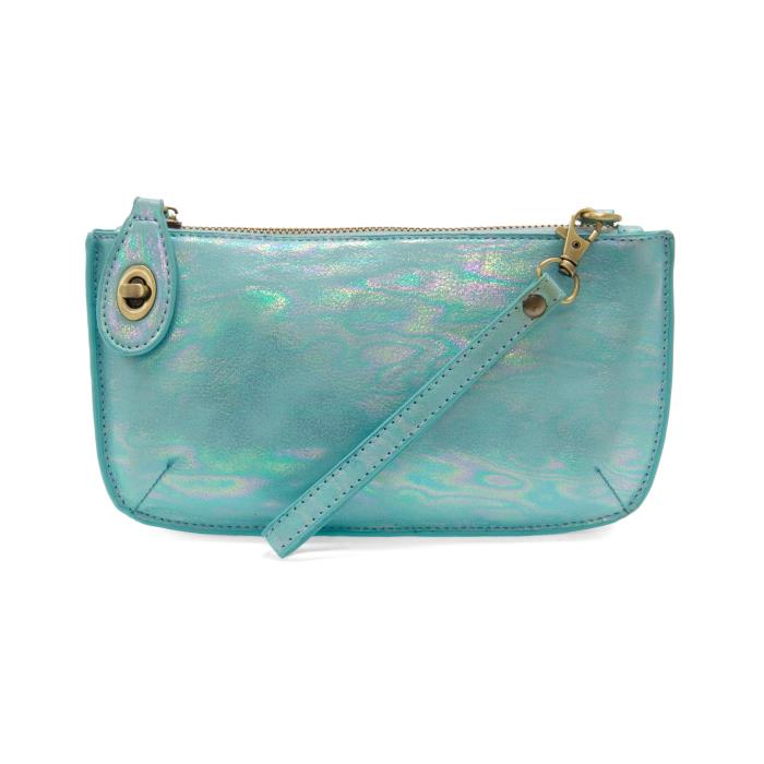 Turquoise holographic iridescent mini wristlet clutch with gold zip closure