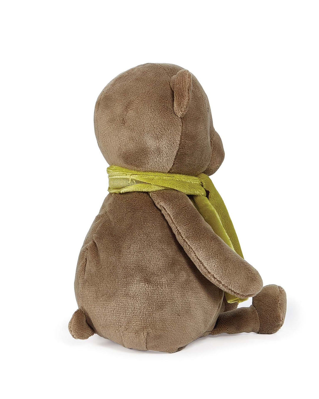 Brown bunny plush toy with green scarf sitting against white background
