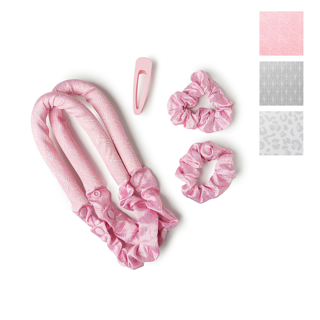 Pink patterned silky soft hair curler with matching scrunchies and hair clip