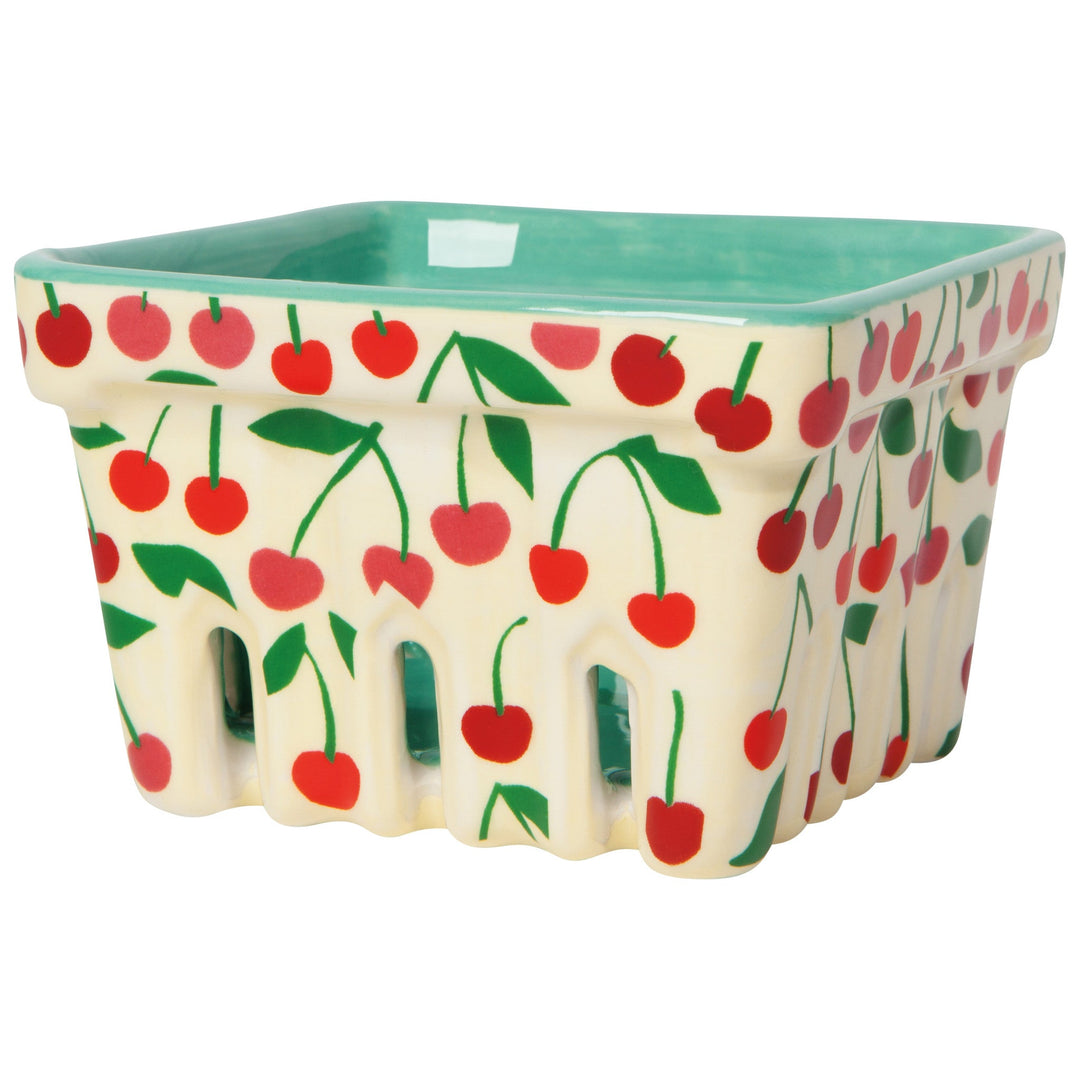 Ceramic berry basket with red cherry pattern and mint green interior