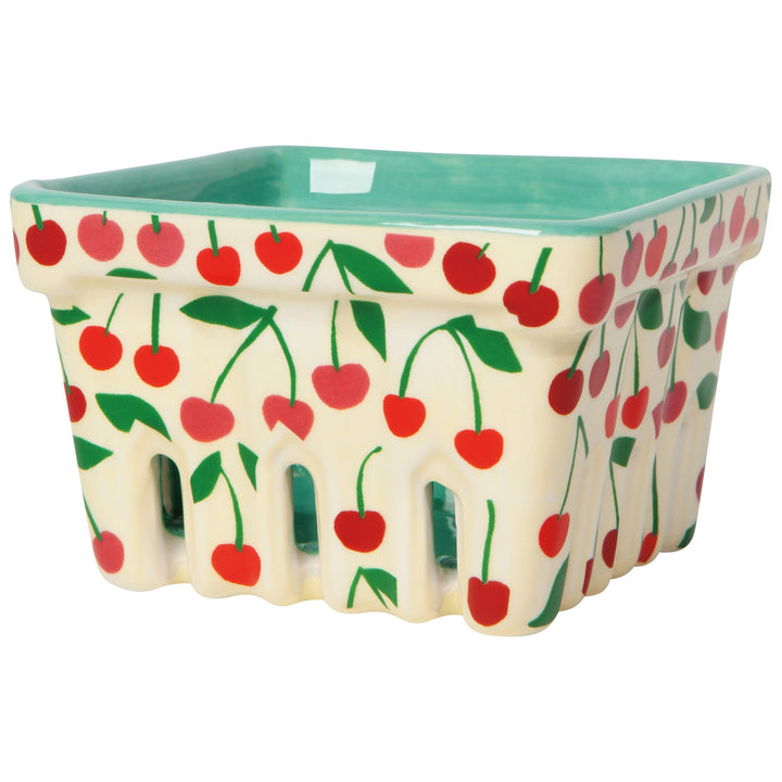 Ceramic berry basket with red cherry pattern and mint green interior