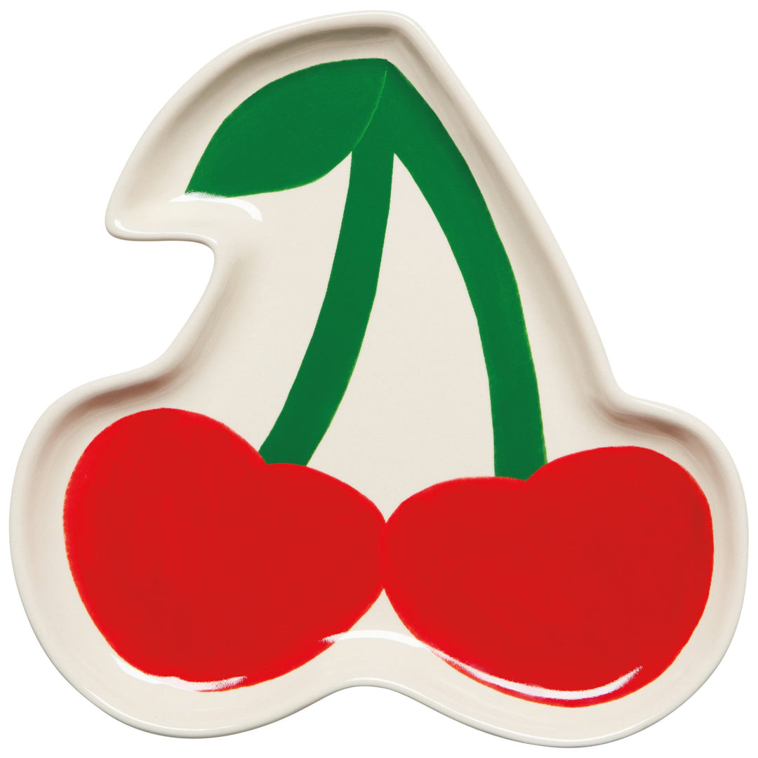 Cherry-shaped ceramic dish with red fruit design and green stems on cream background