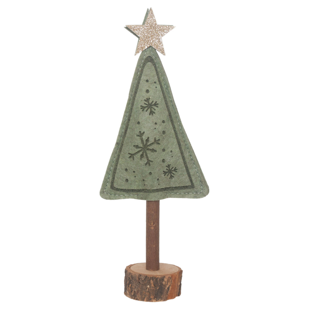 Green felted Christmas tree on wooden stand with snowflake design and gold glitter star topper
