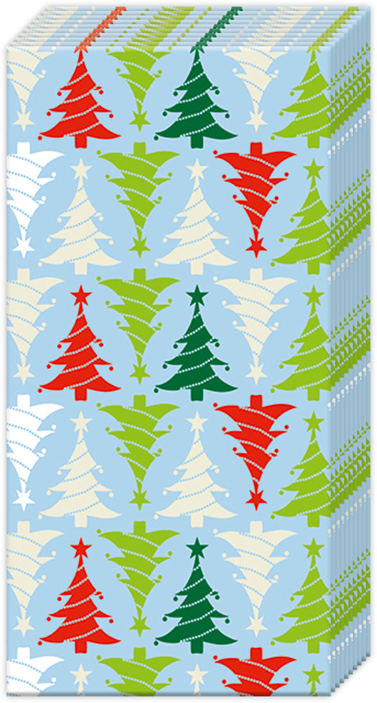 Boston International pocket tissues pack featuring colorful Christmas trees on light blue background