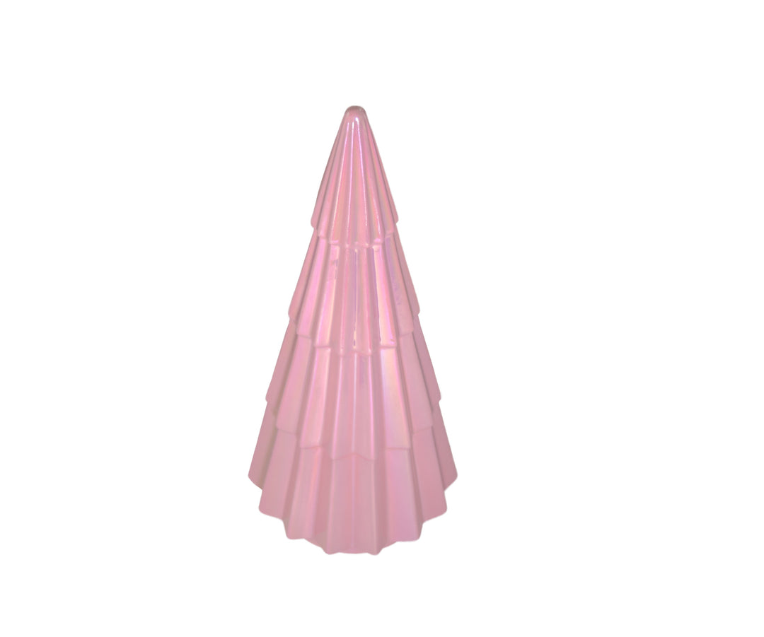 8-inch tall modern pink iridescent ceramic Christmas tree decorative figurine with tiered design
