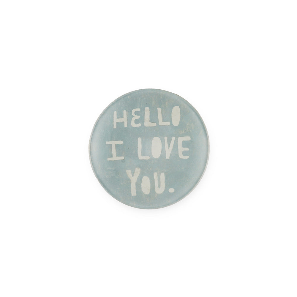 Sugarboo mini round decoupage plate in light blue with Hello I Love You text
