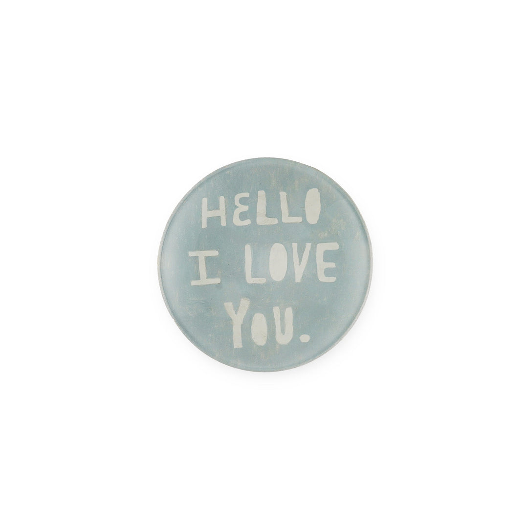 Sugarboo mini round decoupage plate in light blue with Hello I Love You text