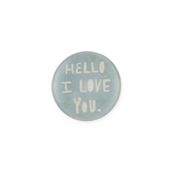 Sugarboo mini round decoupage plate in light blue with Hello I Love You text