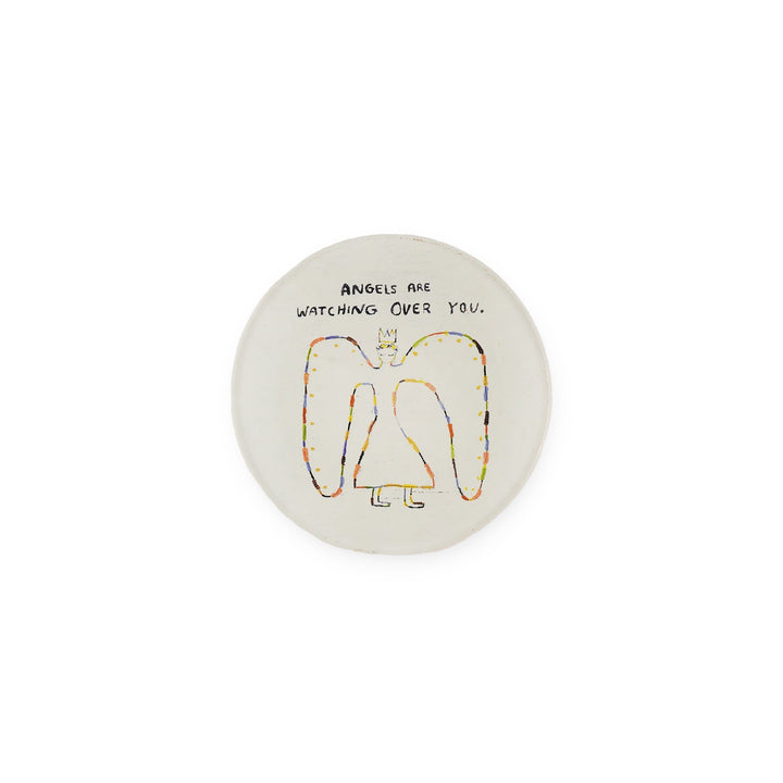 Sugarboo mini round decoupage plate featuring whimsical angel illustration with colorful wings on white background