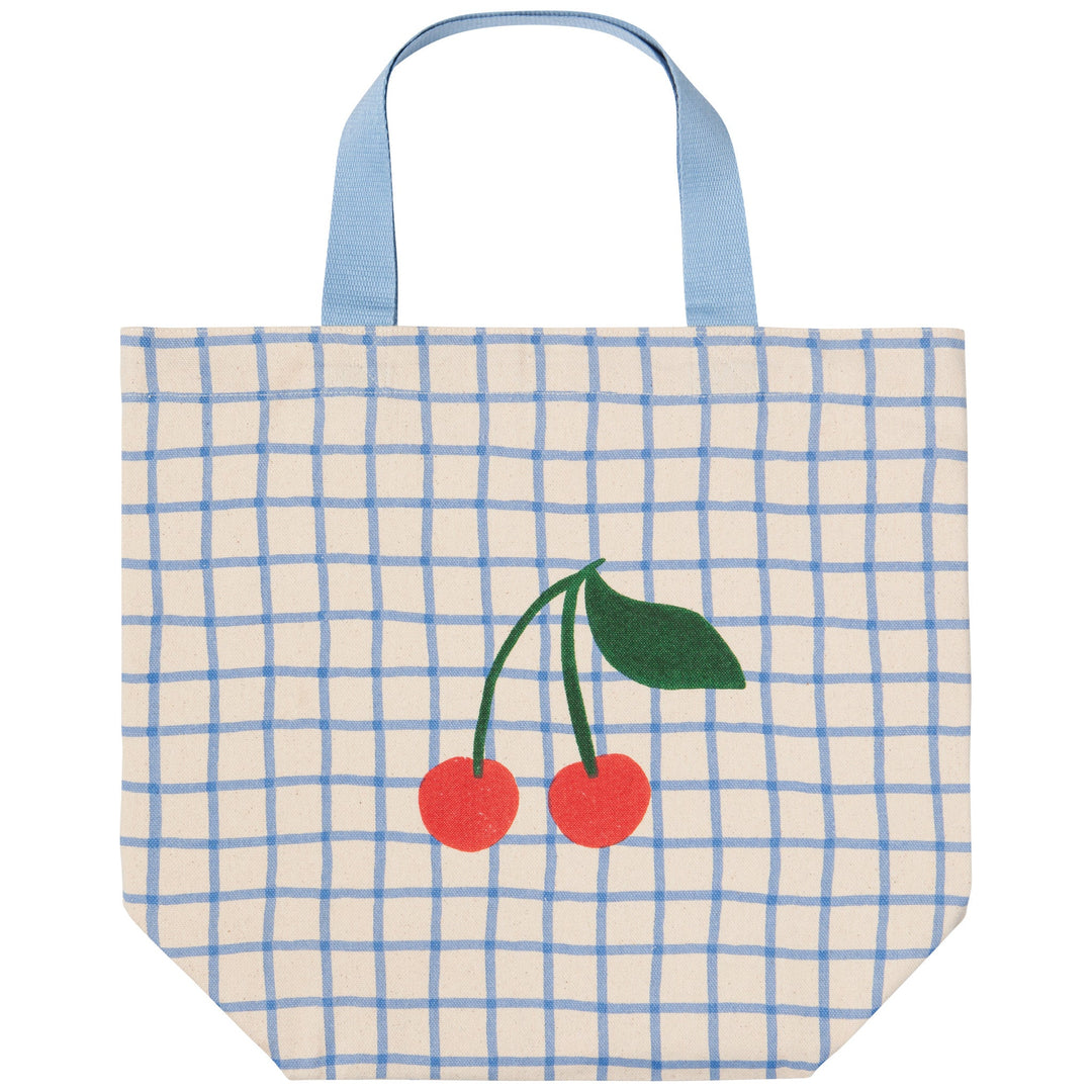 Cream tote bag with blue checkered pattern featuring red cherry design and green leaf