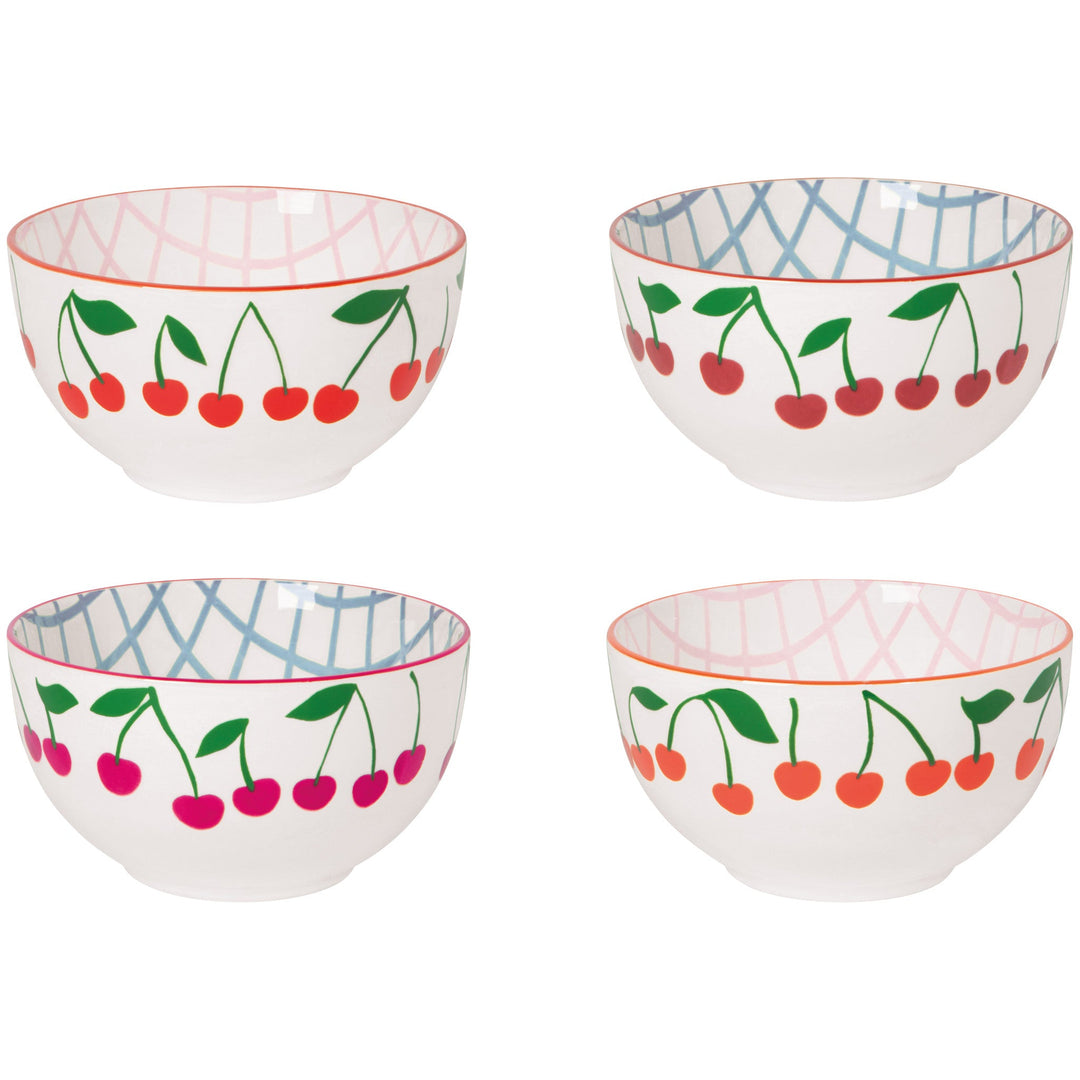 Set of four white ceramic bowls decorated with red cherry pattern and colorful rims