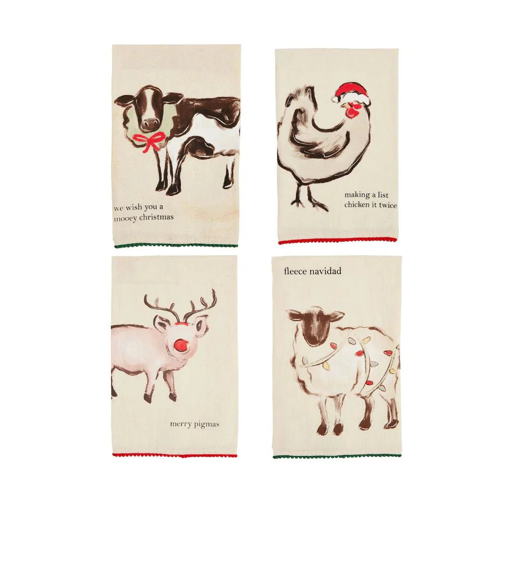 Set of four Christmas farm animal kitchen towels with holiday puns