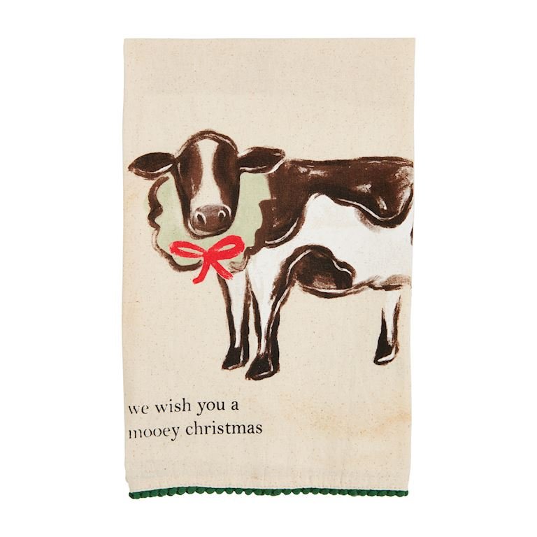 Mud Pie needlepoint towel featuring brown and white cow with red bow, &