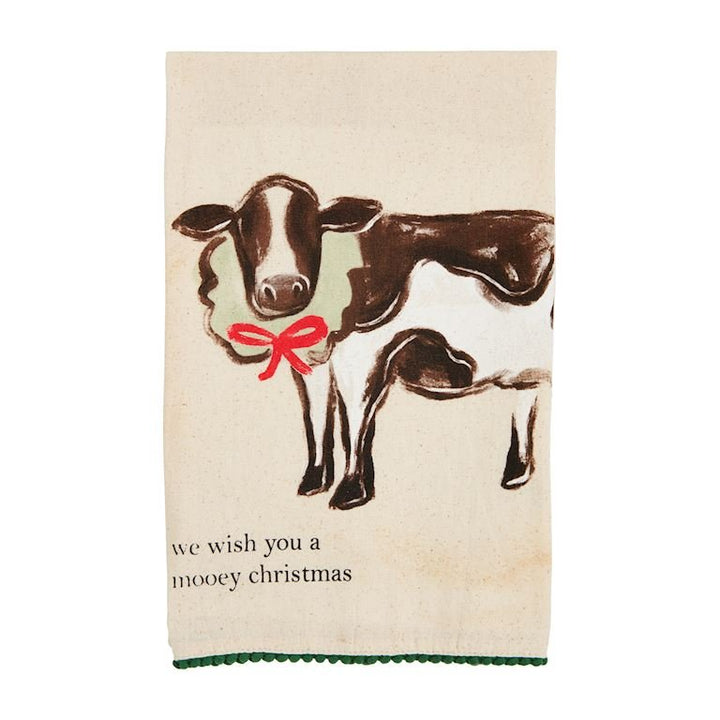 Mud Pie needlepoint towel featuring brown and white cow with red bow, &