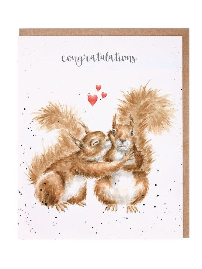 Wrendale congratulations card featuring two hugging squirrels with red hearts and brown envelope