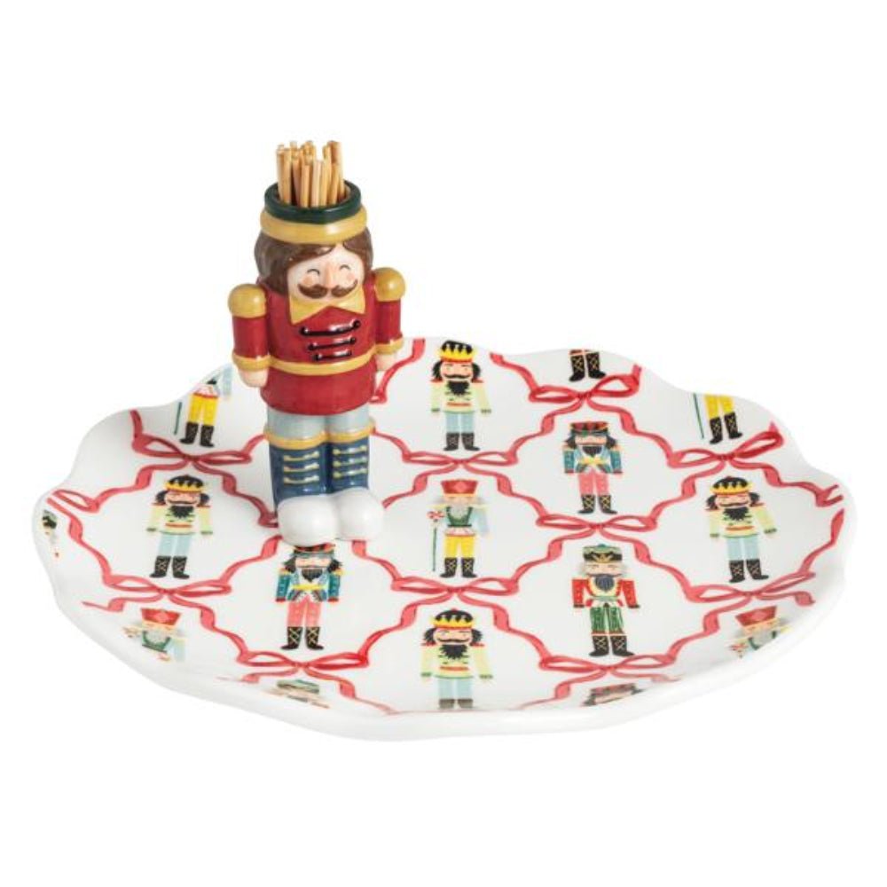 White Christmas toothpick plate with nutcracker pattern and wooden toothpick holder