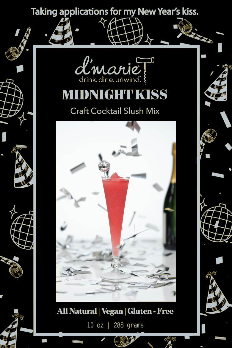 D'Marie Midnight Kiss craft cocktail slush mix in red drink with New Year's party styling