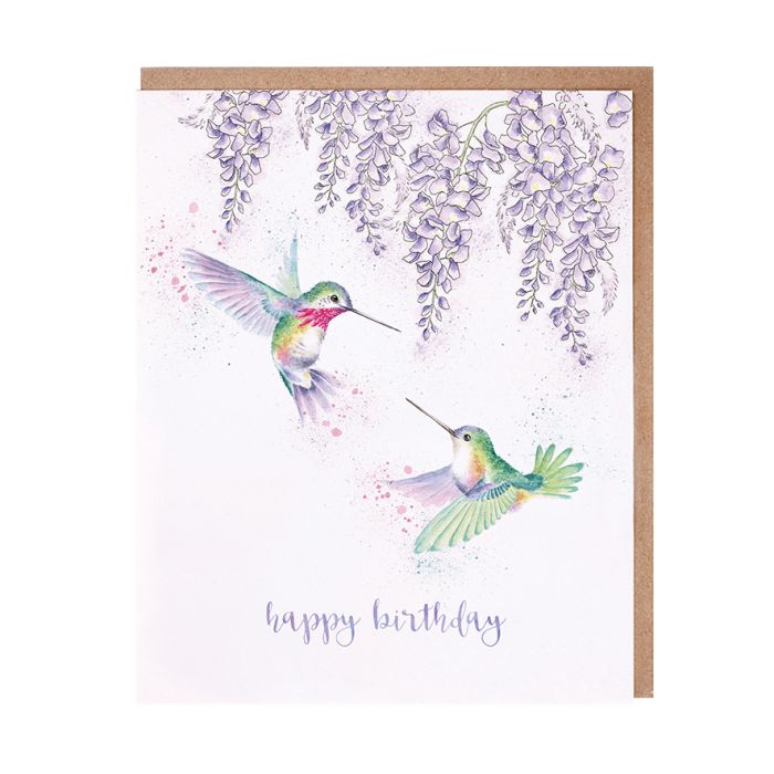 Wrendale Wisteria Wishes birthday card featuring two watercolor hummingbirds and purple wisteria blooms