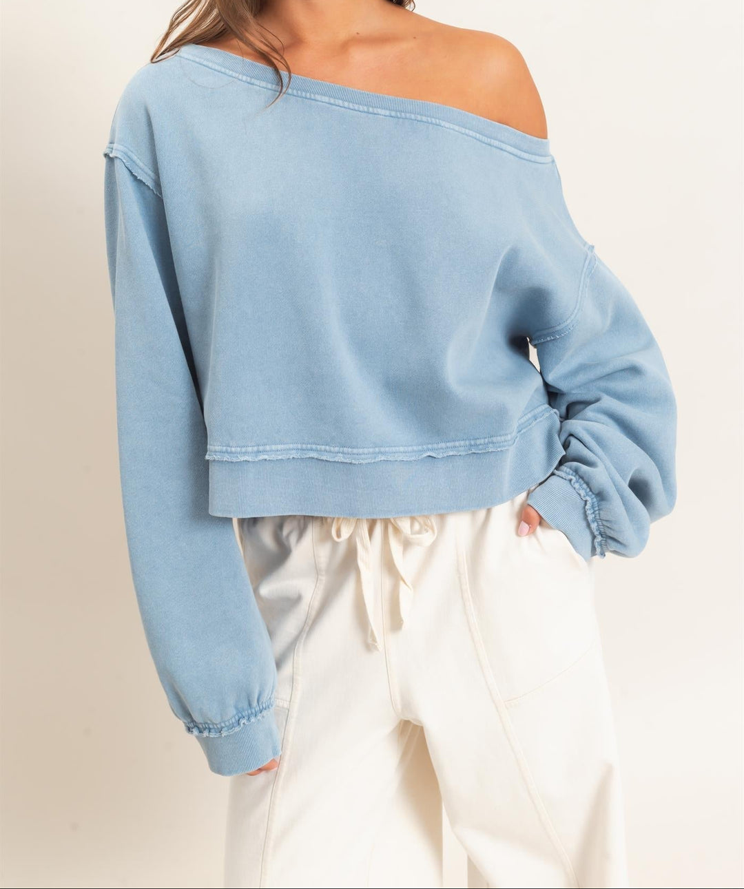 HYFVE Raw Edge Off the Shoulder cropped sweatshirt in dusty blue with balloon sleeves