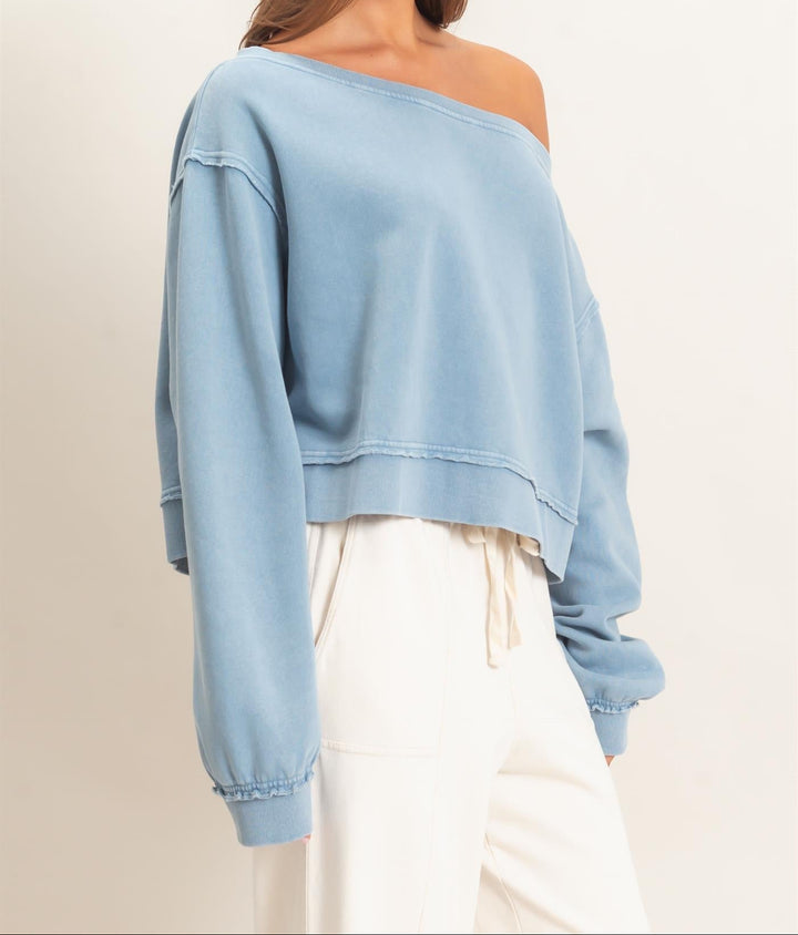 HYFVE raw edge off-the-shoulder cropped sweatshirt in dusty blue with long sleeves