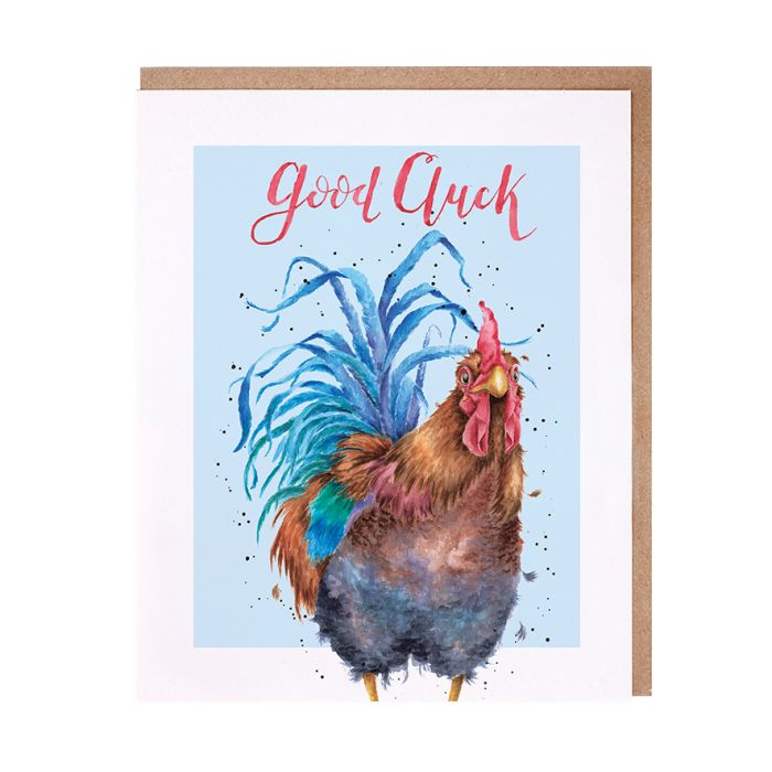 Wrendale Good Cluck greeting card featuring watercolor rooster illustration on blue background