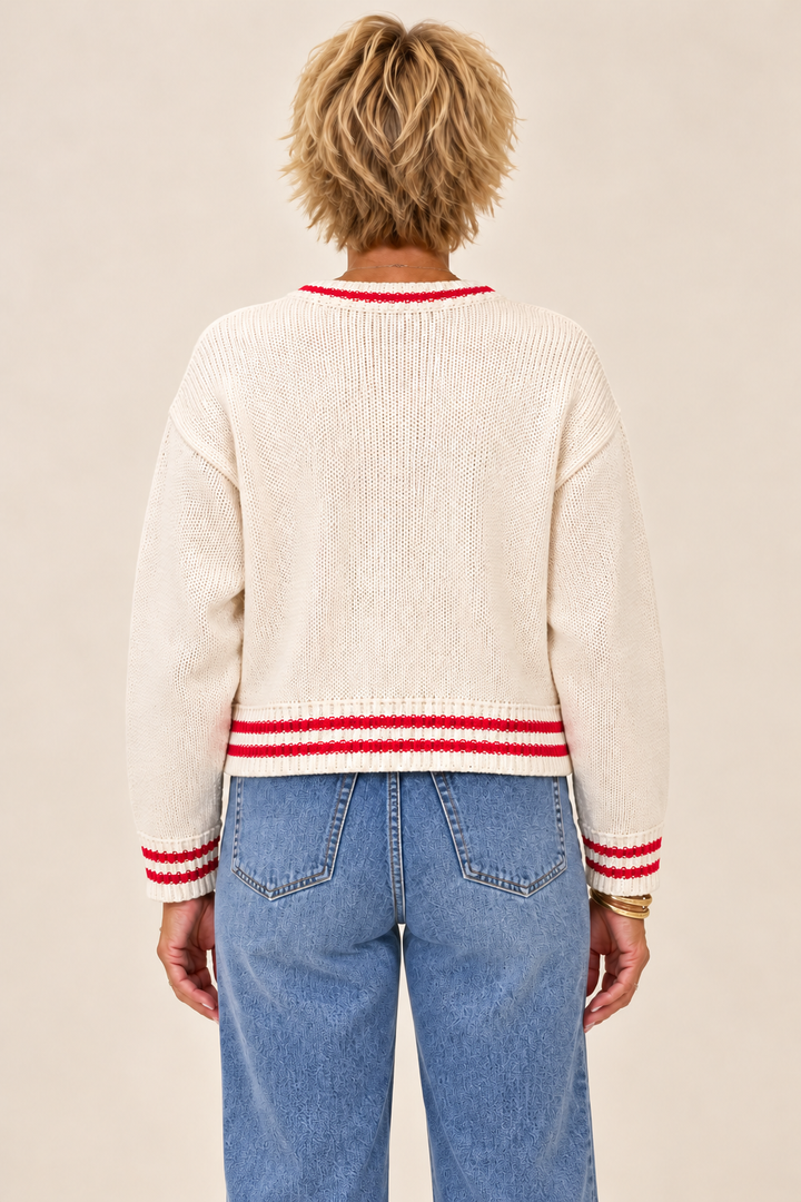 Playful Knit Sweater back view styled with relaxed wide-leg jeans