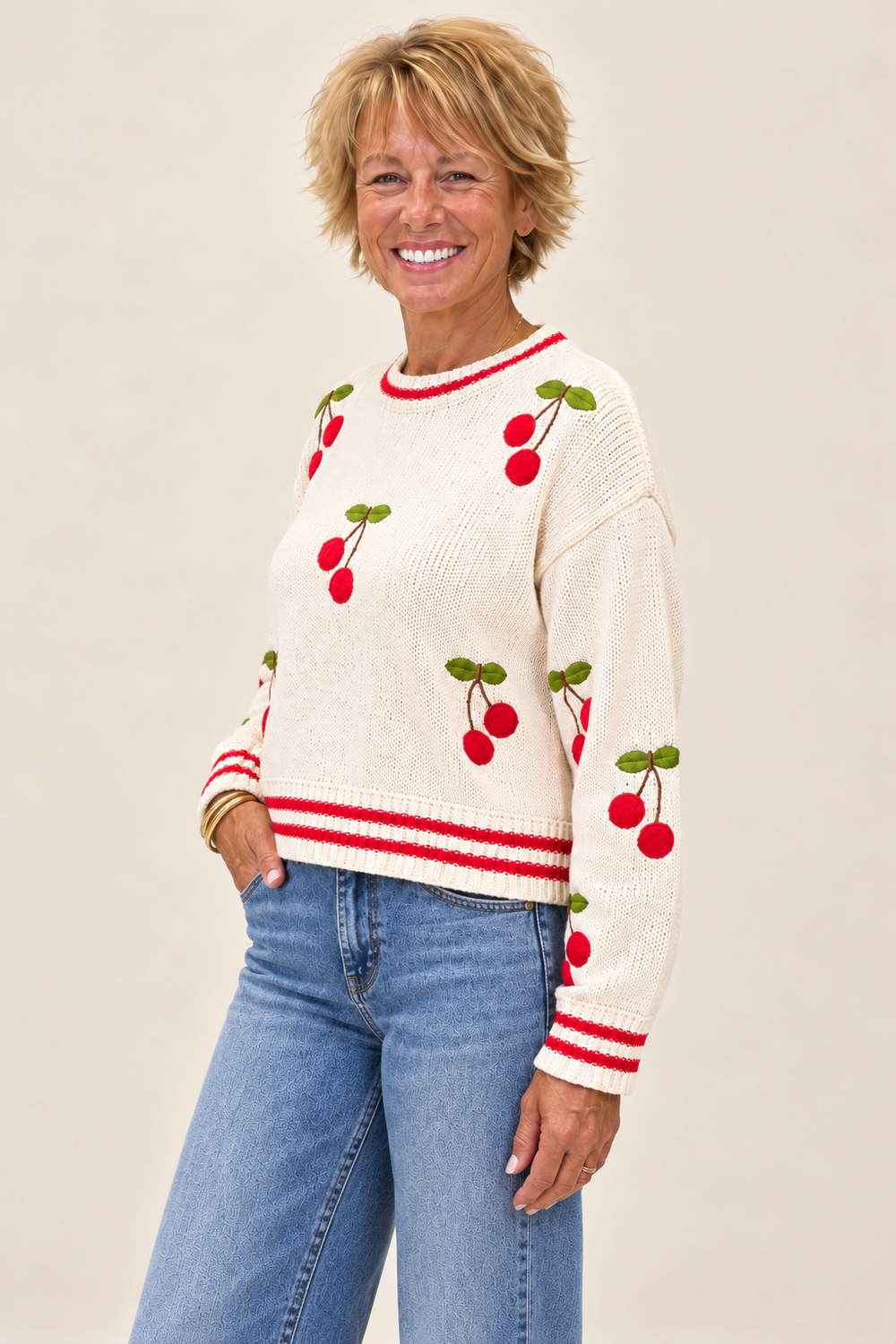 Playful Knit Sweater side view styled with relaxed wide-leg jeans