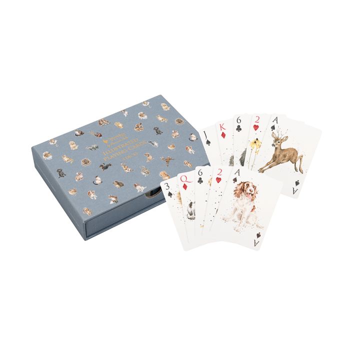 Wrendale playing cards in blue gift box with dog pattern, cards showing various dog breeds