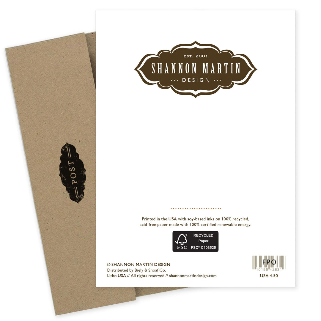 Shannon Martin Design birthday card with ornate brown border on white background with kraft envelope