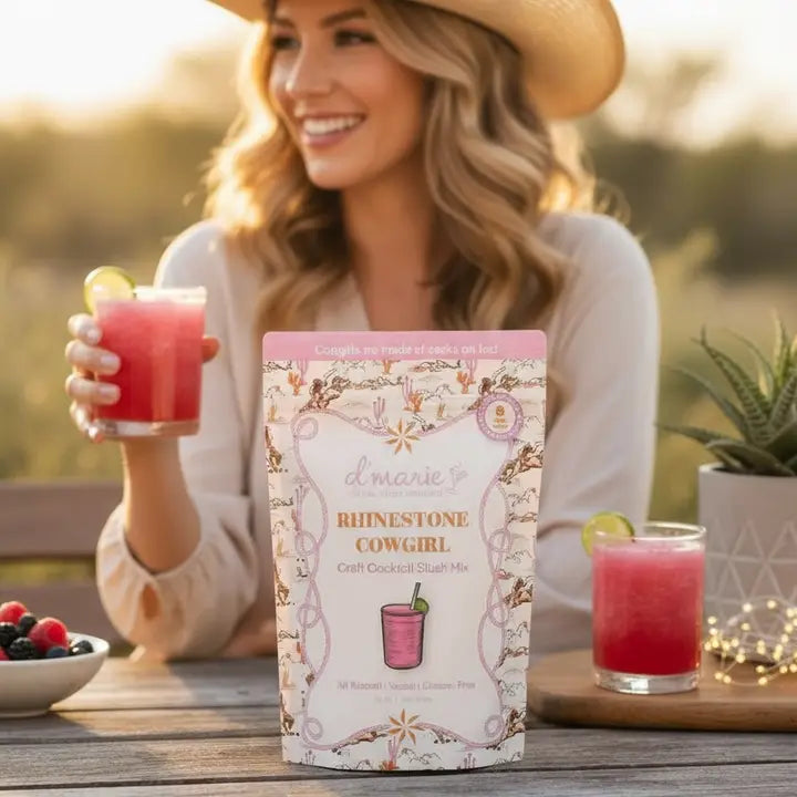 D'Marie Rhinestone Cowgirl craft cocktail slush mix package with pink drinks and western styling