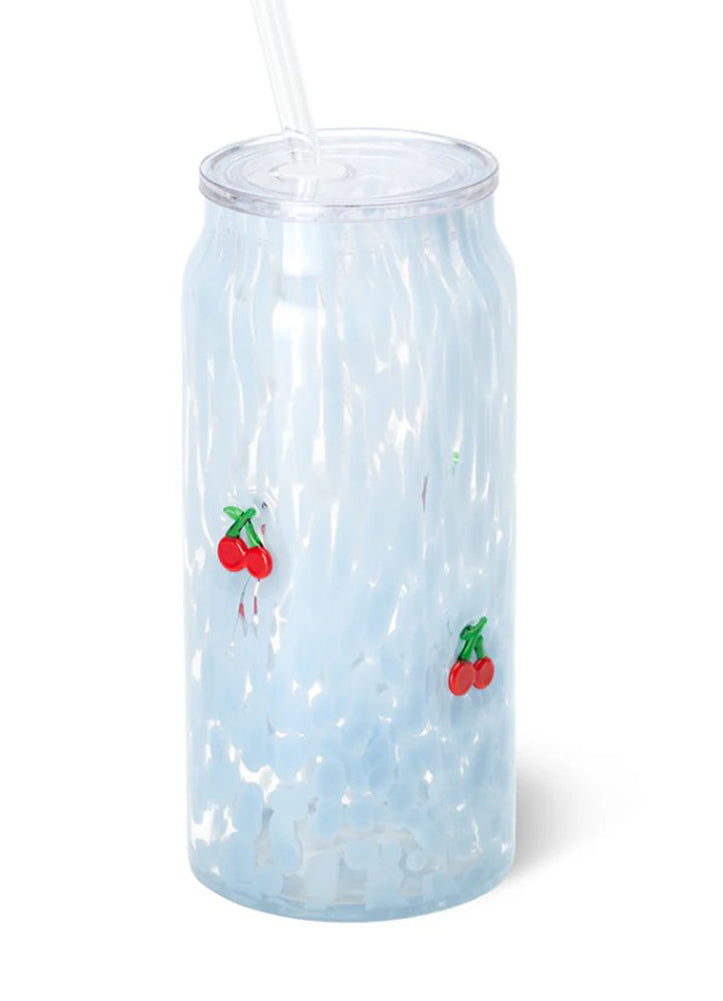 Swig light blue iridescent glass tumbler with red cherry pattern and clear straw