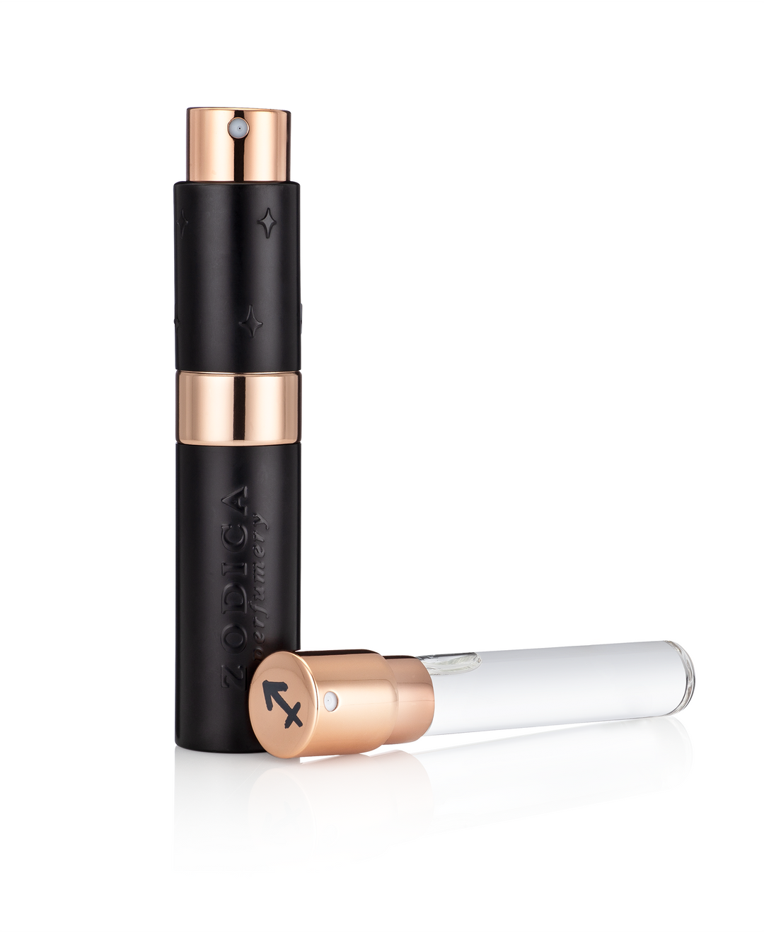 Zodica Perfumery Twist &amp; Spritz black travel atomizer with rose gold accents and refillable vial