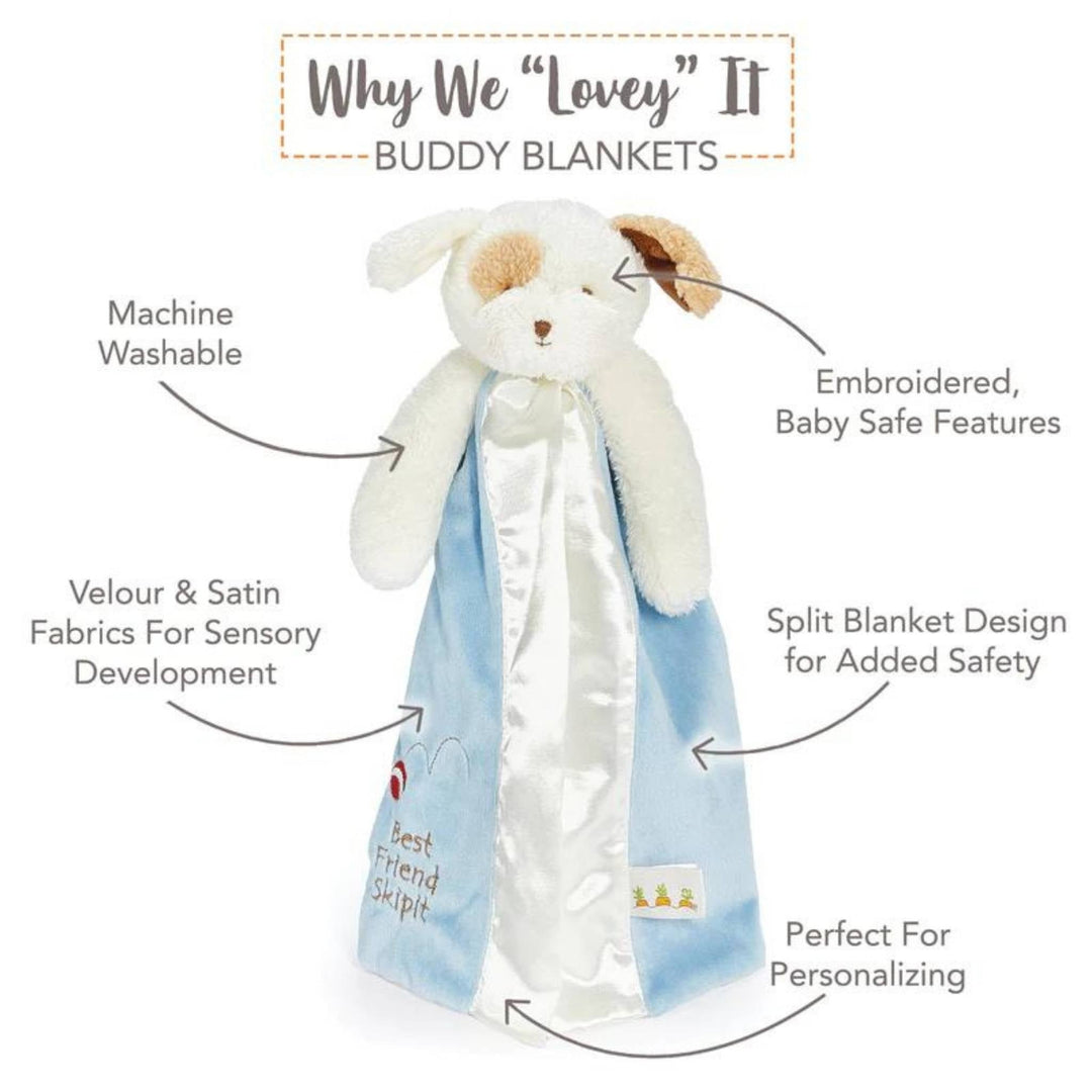Bunnies by the Bay Skipit puppy buddy blanket with blue and white satin fabrics