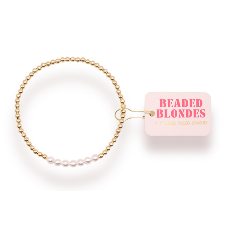Beaded Blondes Sophia Pearl Bracelet featuring gold beads and white pearls on display card