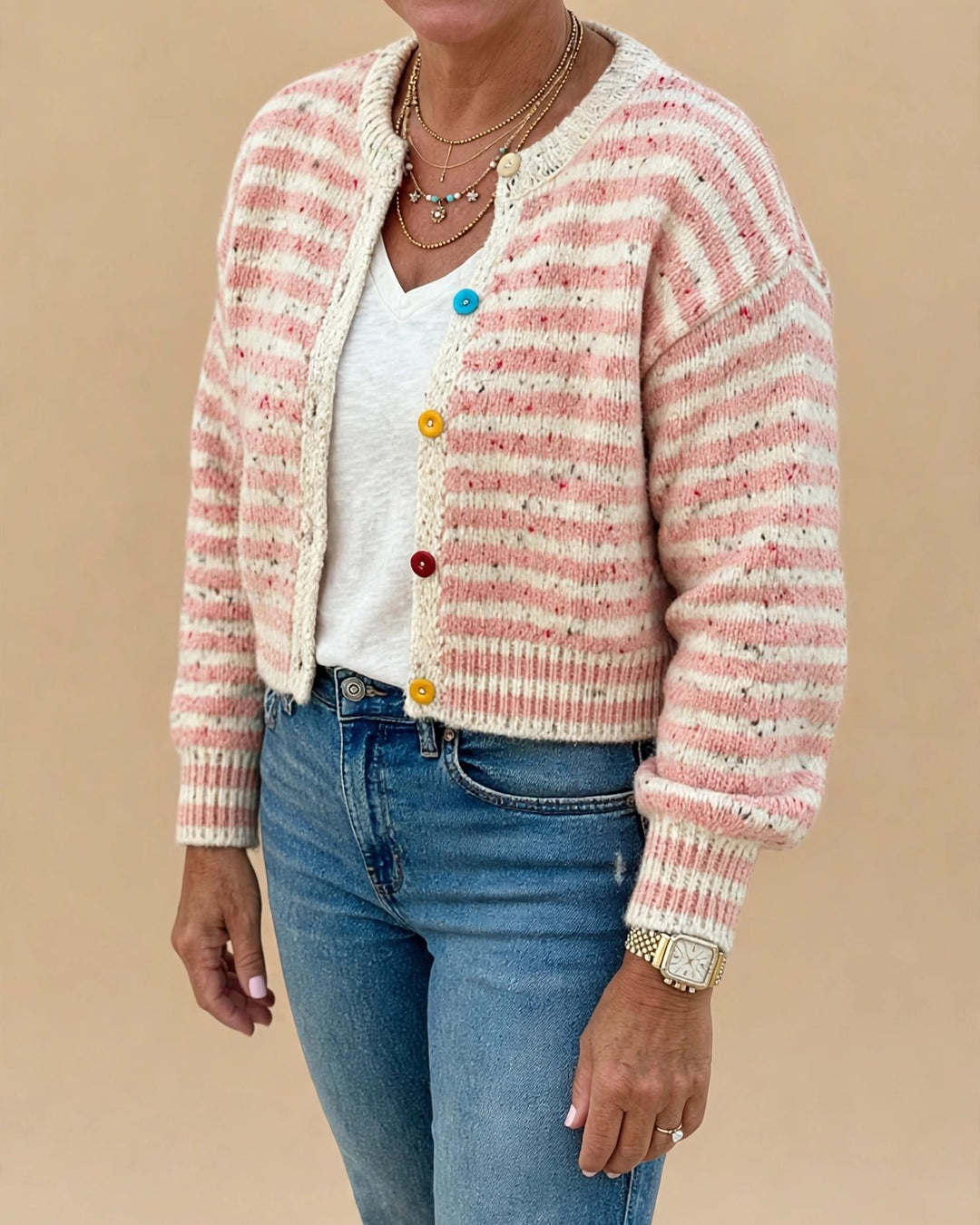 Striped Knit Cardigan in Pink Multi - view 3