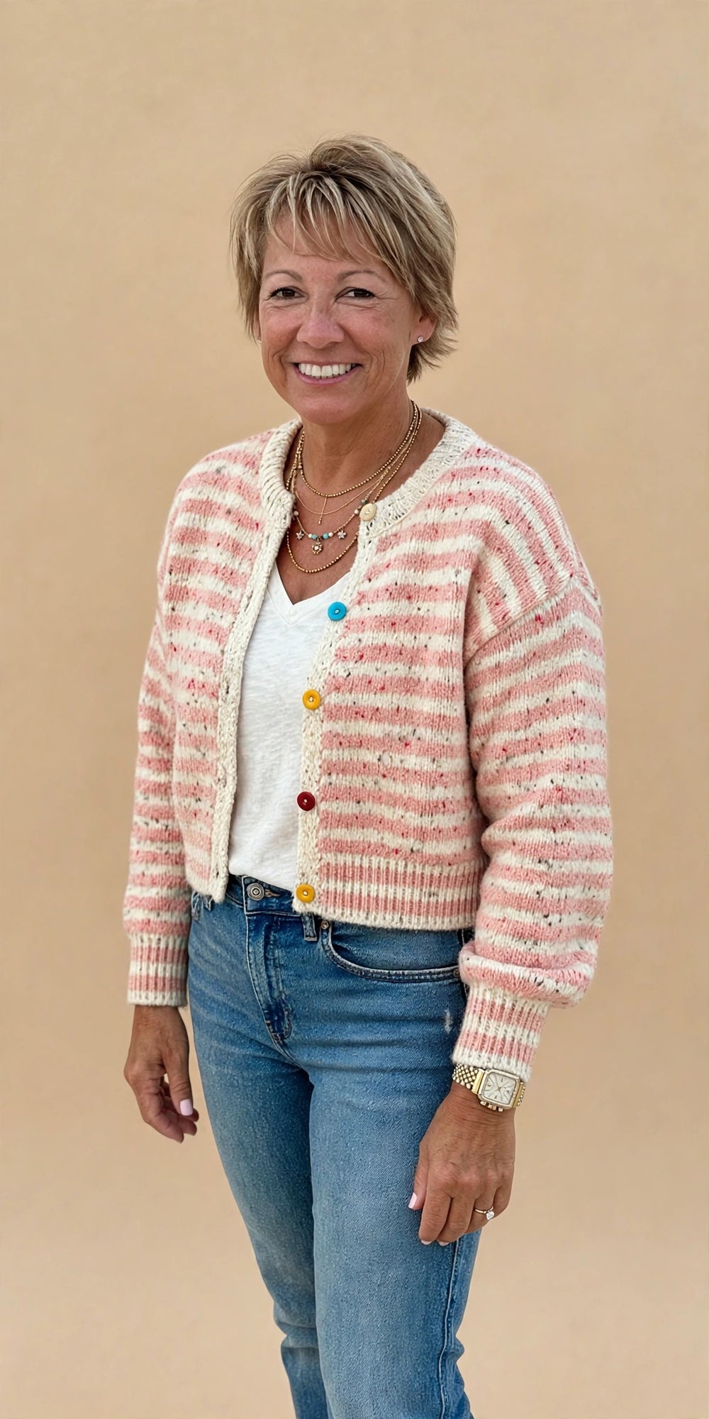 Striped Knit Cardigan in Pink Multi - view 2