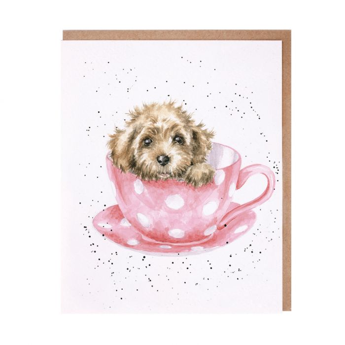 Wrendale greeting card featuring watercolor brown puppy sitting in pink polka dot teacup