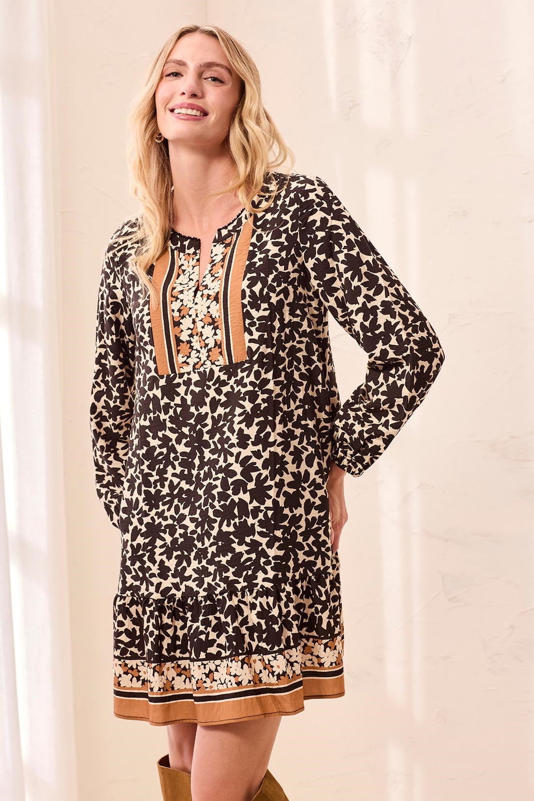 Long Sleeve Dress with Border Print