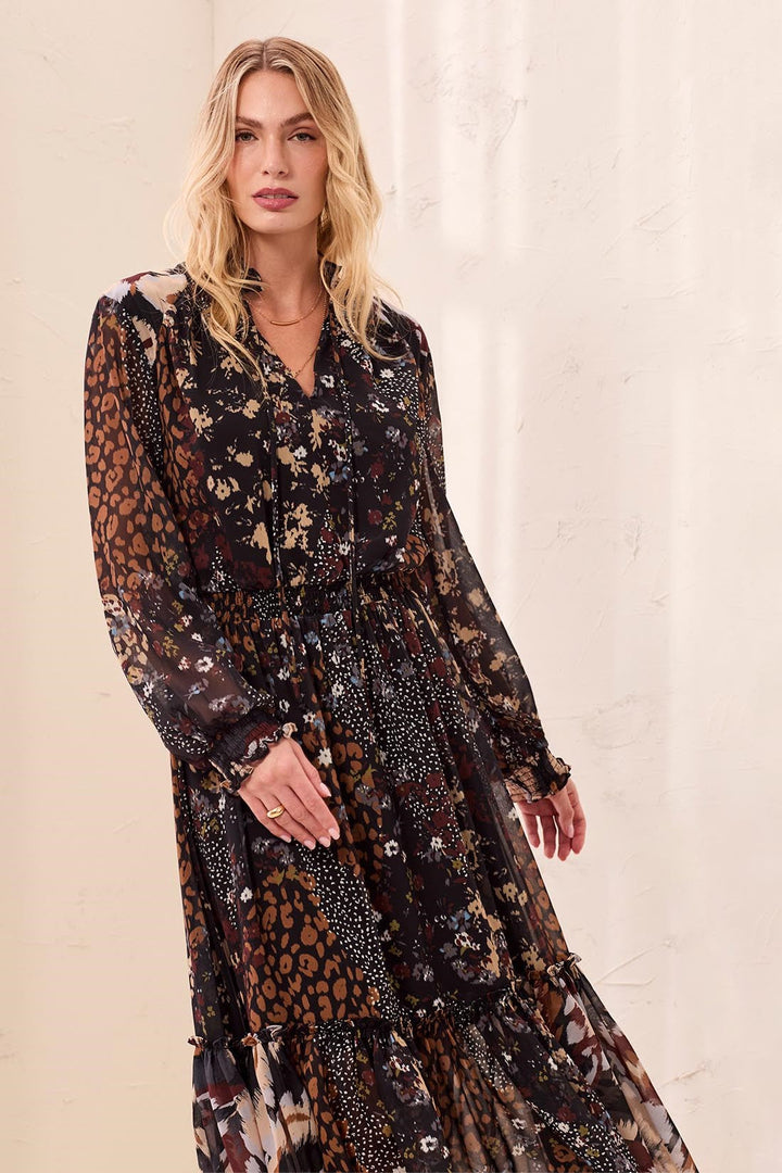Mixed Print Drama Dress with Smocking Details