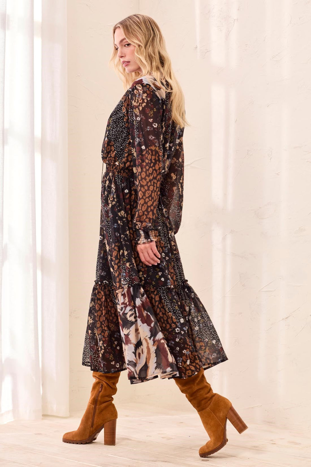 Mixed Print Drama Dress with Smocking Details