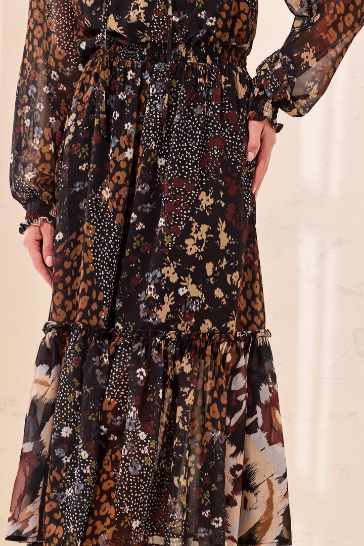 Mixed Print Drama Dress with Smocking Details