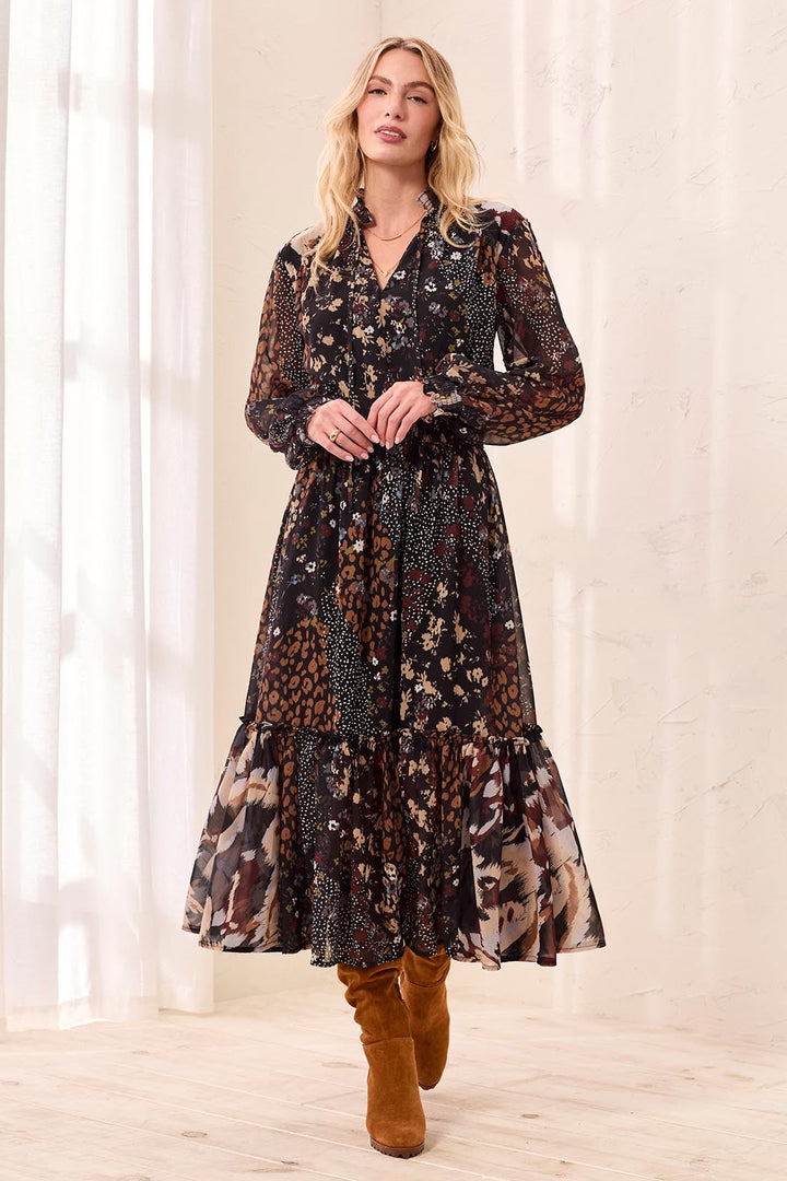 Mixed Print Drama Dress with Smocking Details