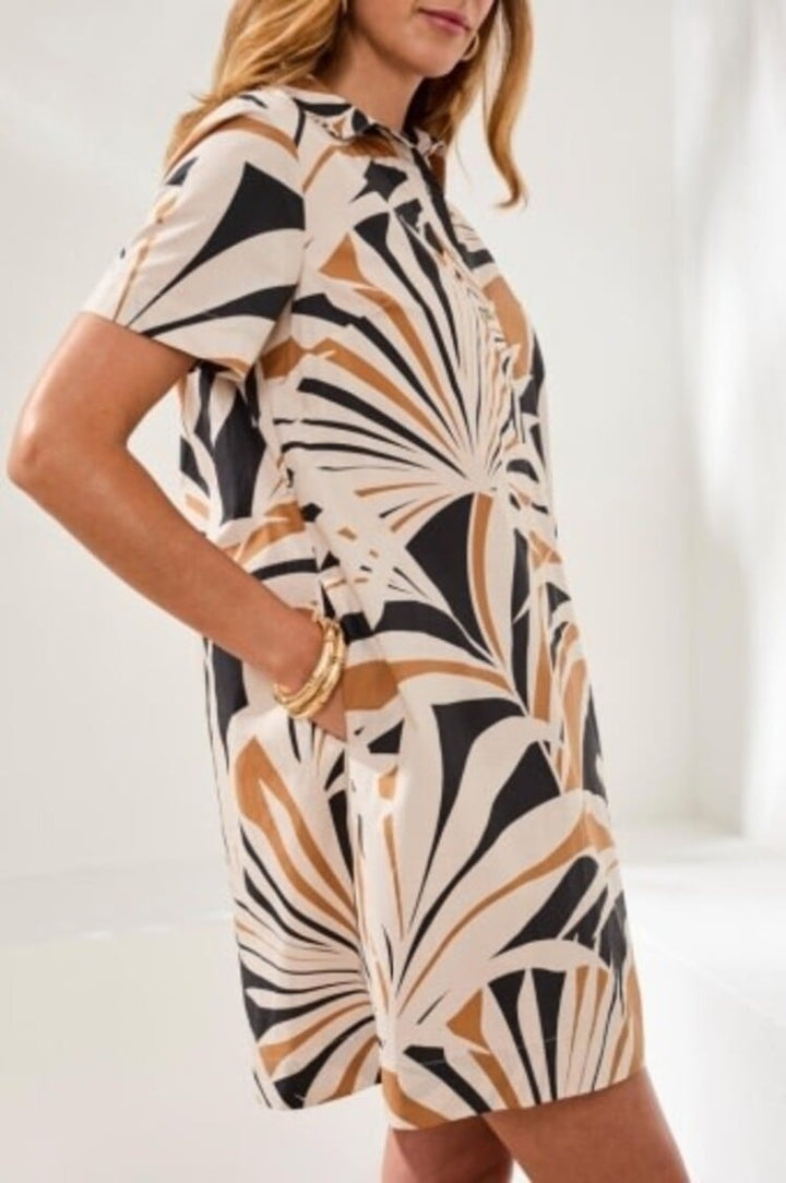 Tribal short sleeve button placket dress in canvas with tropical palm print